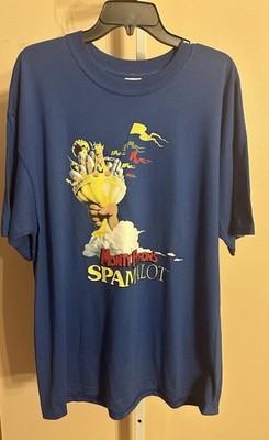 Vintage Men s Y2K Monty Python Spamalot Blue T-shirt Size XL Logo Cartoon