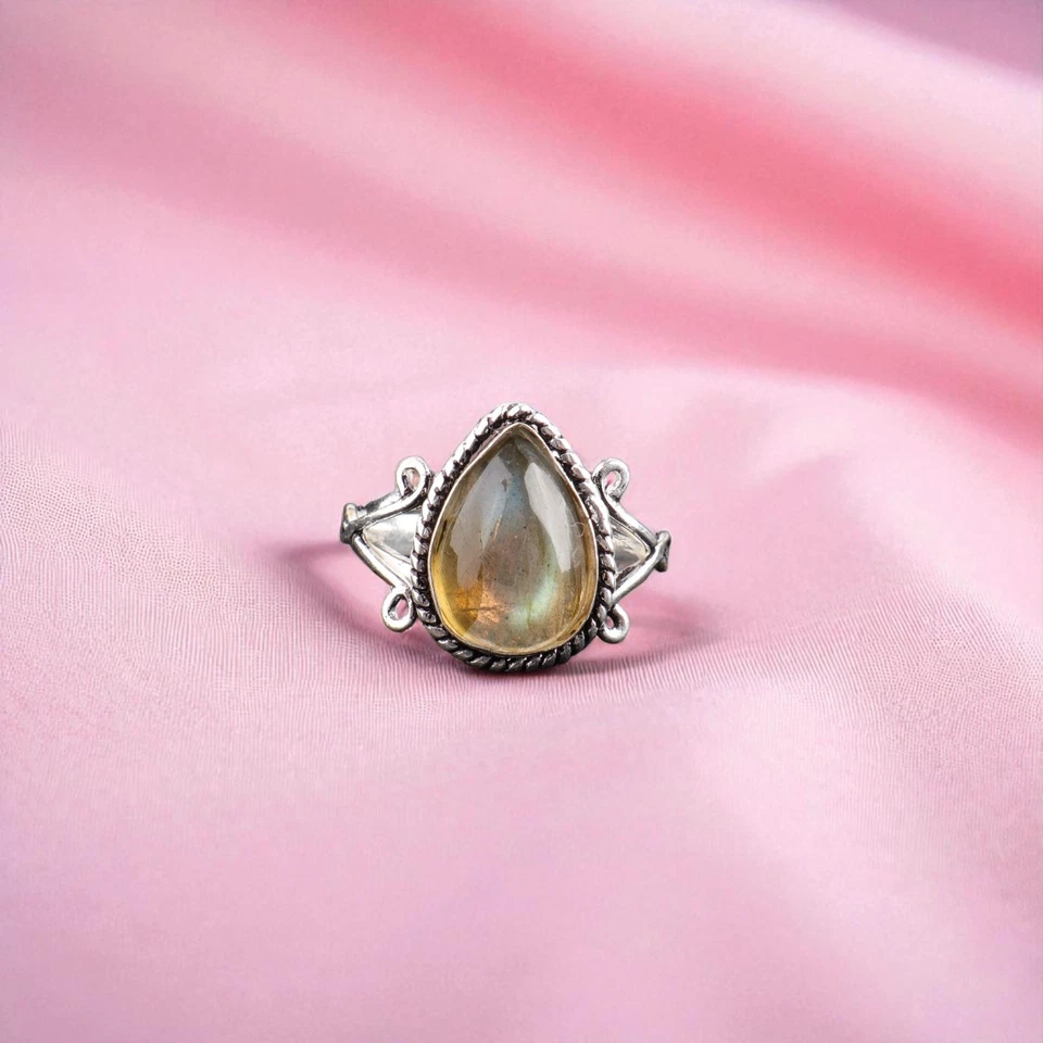 Natural Labradorite Statement Unique Rustic Ring Jewelry Size 6 Sterling Silver - Image 2 of 4
