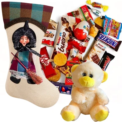 NARAMAKI Calza Befana 29 Cm - Mix di Cioccolato e Caramelle - Kinder, Haribo + Peluche