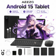 AEEZO Tablet Android 15 GMS 64GB Wifi 5G Face ID Unlock 10.1" IPS Black Bundle