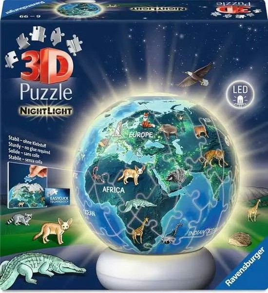 3D Puzzle-Ball Nachtlicht 73 Teile Erde Mit Tiermotiven Von Ravensburger-image