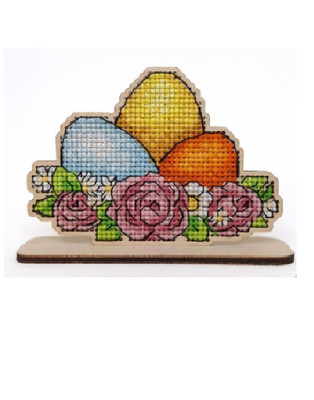 DIY Cross-Stitch Kit Easter eggs in Flowers on Wooden Base for Home Decor