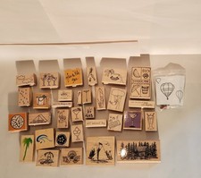 Lot of 35 Summer Themed Rubber Stamps on Wood Blocks