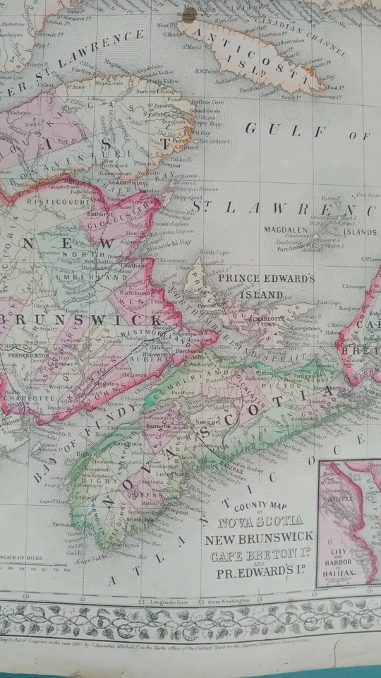 Mapa antiguo de las Marítimas Canadienses de 1867 Nuevo Brunswick Nueva Escocia coloreado a mano Foto 3 de 4