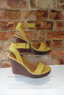 Faith Mustard Yellow Leather Wooden Wedge Sandals Shoes Size Uk 4 Ebay