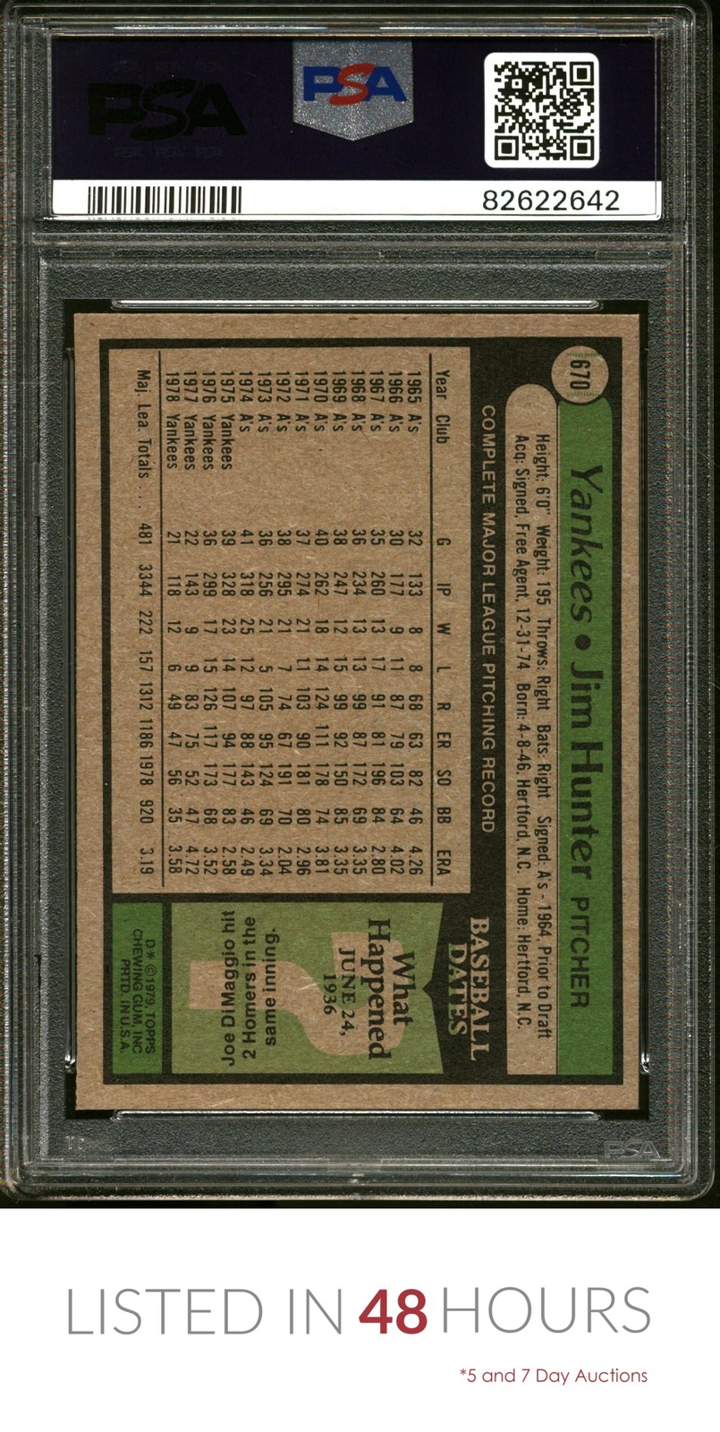 1979 TOPPS 670 JIM CATFISH HUNTER YANKEES HOF PSA 10 eBay