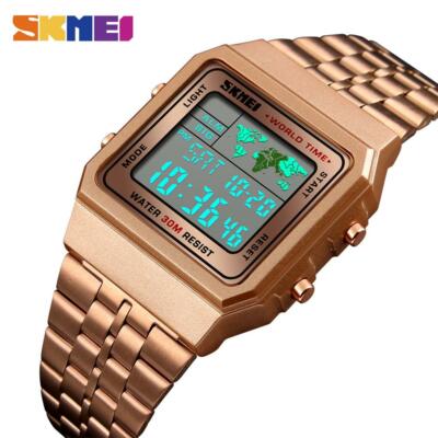 SKMEI Mode Sportuhr Weltzeit EL Herren Damen Armbanduhr 3atm wasserdicht