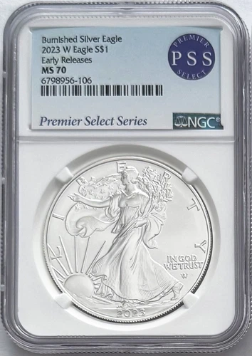 2023 W BURNISHED SILVER EAGLE W MINT MARK EARLY RELEASES NGC MS70 PREMIER SELECT