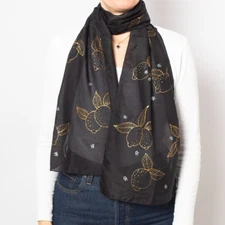 Lemon Hand Painted Silk Cotton Scarf Black Gold Scarf Long Scarf Gift 63X12