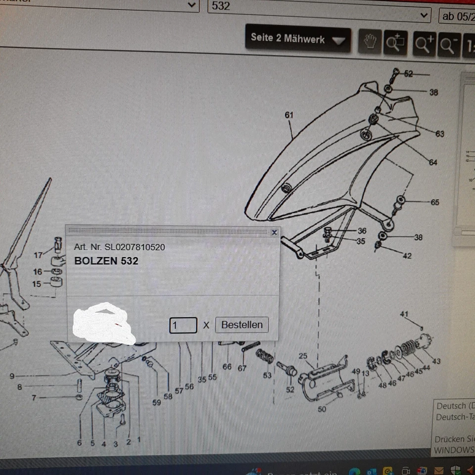 Original Ersatzteil Solo Balkenmäher 532 : Bolzen Mähwerk Arretierung Pos. 52 - Bild 2 von 2
