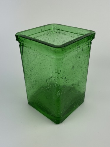 Italian Hand Blown Art Glass Vase Rectangle Green W/Bubbles, Heavy Glass Votive
