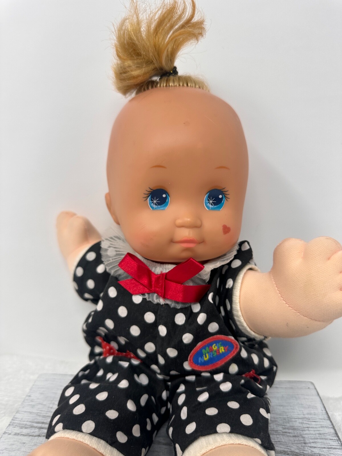 1989 Magic Nursery Baby 13" Doll in Black Polka Dot Outfit by Mattel