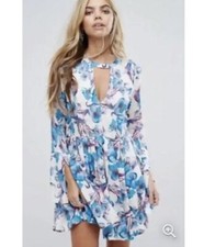 Free People White & Blue Floral Tegan Long Sleeve Mini Dress Size 2