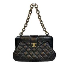 Chanel Frame Shoulder Bag CC Distressed Quilted Leather Black/Gold Thick Chain 