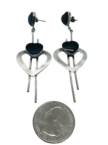 Large Heart Black Onyx Vintage 925 Sterling Silver Dangle Drop Earrings - Picture 7 of 8