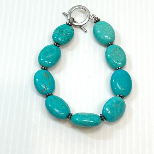 Bracciale Vintage Turchese Blu Gemme Tono Argento Toggle Bracelet Perline Ovali - Foto 4 di 7