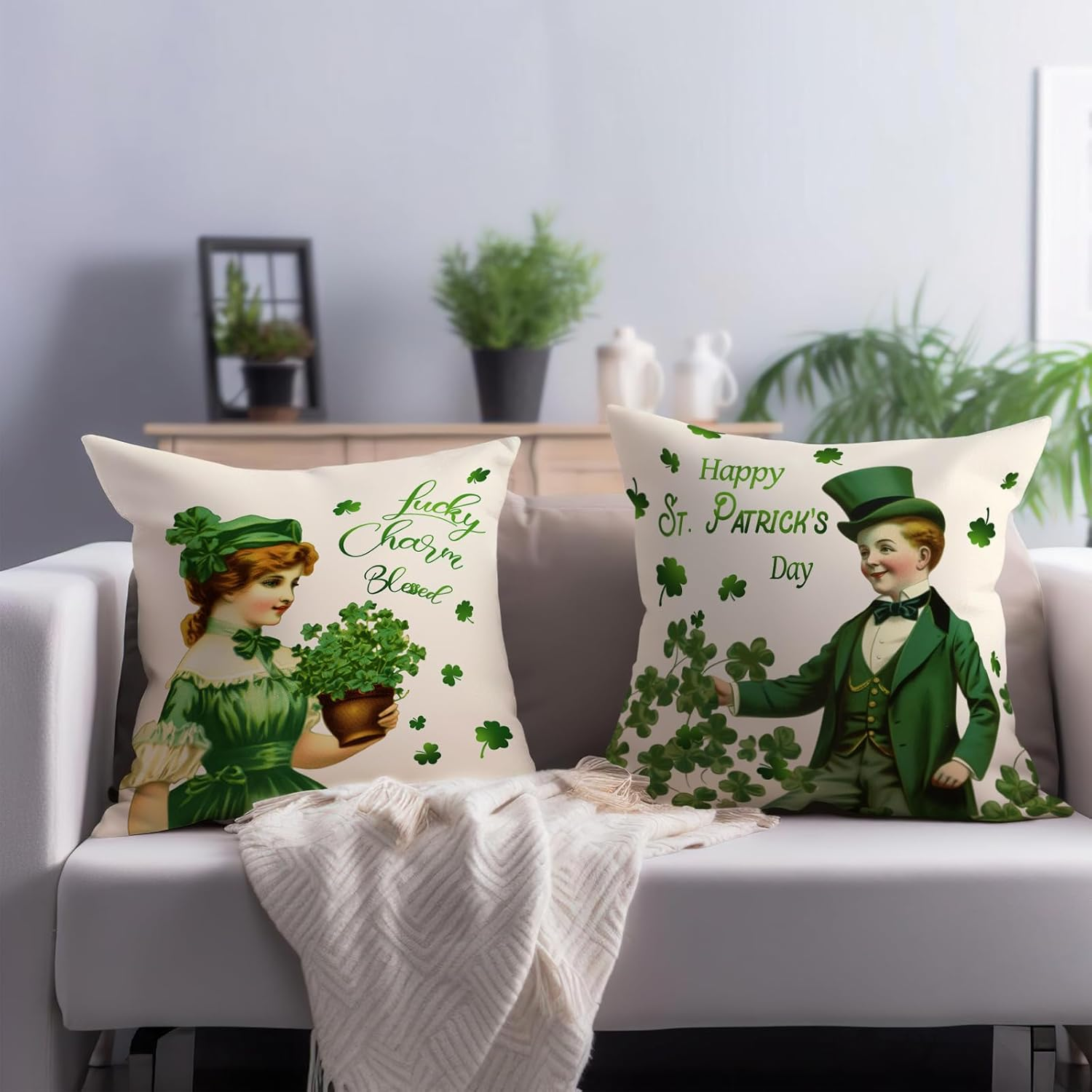 2 Pack St. Patrick's Day Shamrock Pillow Covers 18x18 Throw Cushion Covers