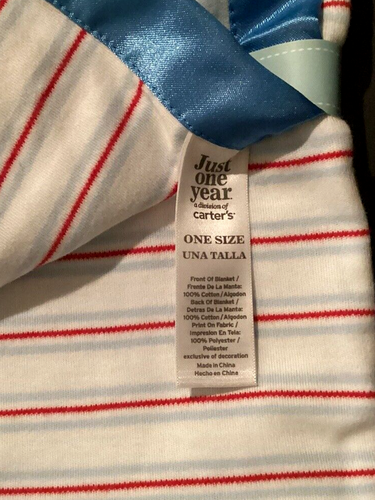 Carter's Just One Year Knit Baby Blanket Blue Red White Stripes Bear Satin Edge - Picture 2 of 7