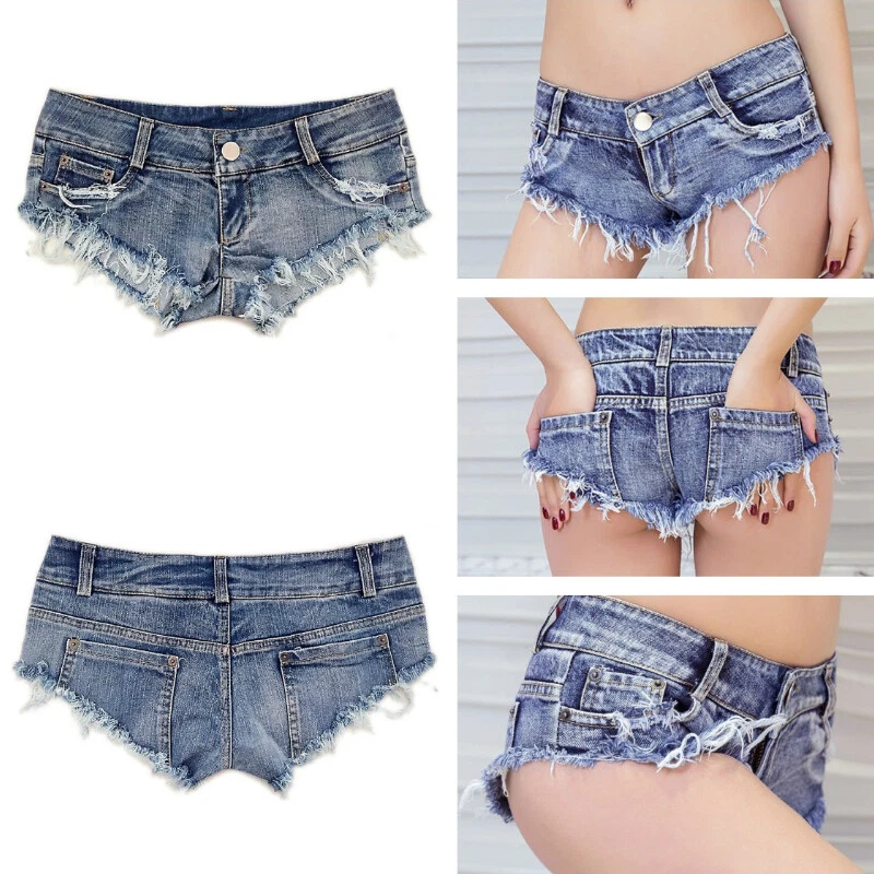 Lady Mini Micro Denim Shorts Low Waist Ripped Hot Pants Jeans Frayed Raw  Edge