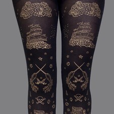 HOT TOPIC GOLD PRINT SEA LIFE SHIP BLACK OPAQ...