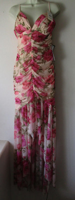 Katia Rae Dress Womens XL Long Social Floral Ruched Chiffon Hi Low Pink Formal