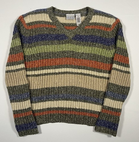 Vintage Villager Sport Liz Claiborne Striped Knit Sweater Women’s PL V Neck - Picture 1 of 7