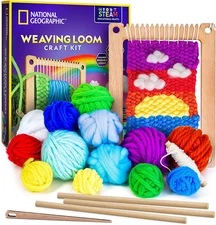 NATIONAL GEOGRAPHIC Wooden Arts and Crafts Loom Weaving Kit - Yarn and 3 Fun Des