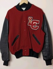 Vintage DeLong Varsity Letterman Jacket 44 Red Wool Black Leather USA Made