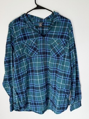Eddie Bauer Women's Tall 2XL Blue Green Plaid Flannel Button-Up Shirt