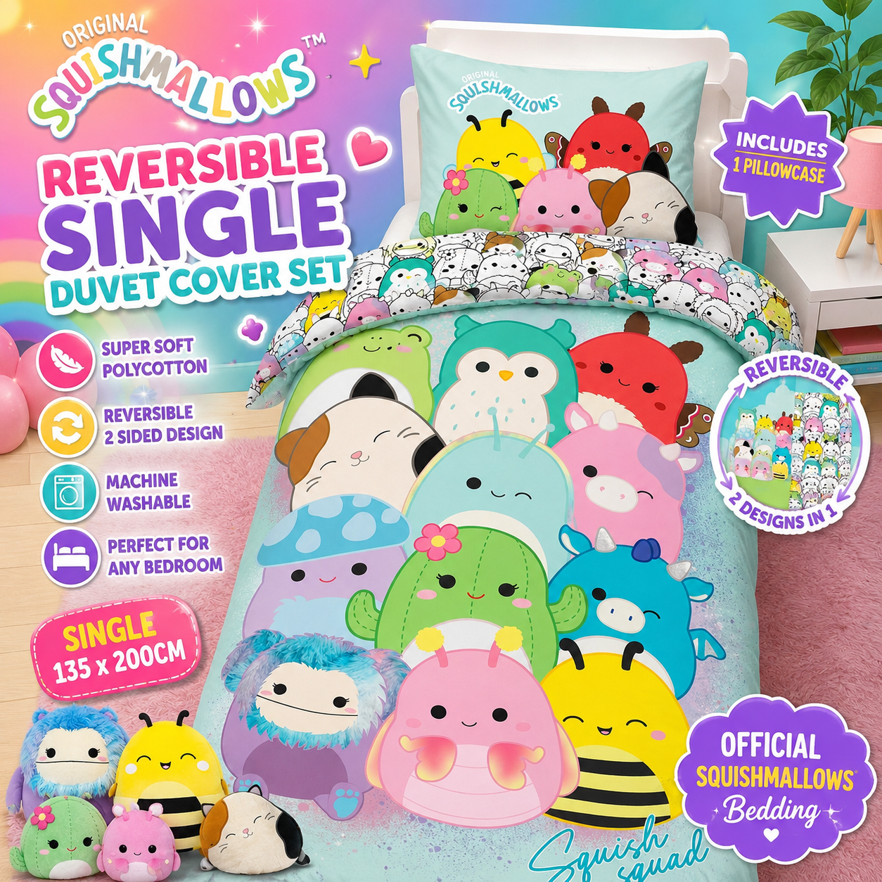 Squishmallows Official Flash Panel Duvet Cover Set Reversible Kids Bedding
