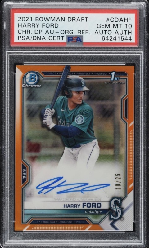 HARRY FORD - 2021 Bowman Draft Chrome 1st ORANGE Refractor #/25, Auto, PSA 10