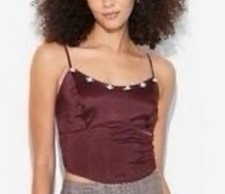 Wild Fable Women's Sz L Rosette Satin Corset Tank Top Burgundy Velvet Accents
