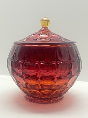 Tiara Indiana Glass Constellation Cookie Candy Bowl Dish Lid Glows Amberina Red