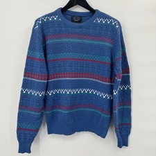 Vintage Jantzen Men L Blue Fair Isle Geometric Knit Crewneck Sweater Made in USA