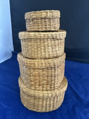 Vintage Natural Handmade Seagrass Nesting Baskets Set With Lids (4)
