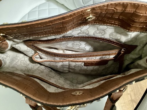 Michael Kors Hamilton Croco Leather Denim Blue and Studded Tote Shoulder Bag WOW - Picture 7 of 11