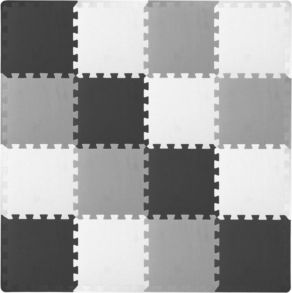 Elegante alfombrilla de juego de rompecabezas de espuma para niños - 16 azulejos entrelazados, negro/gris/blanco Foto 3 de 4