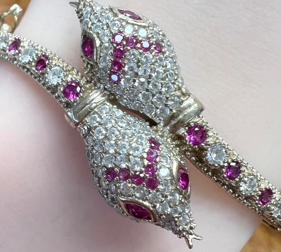 Brazalete Brazalete Serpiente Rosa SÓLIDO 925 Turmalina Diamante REAL Oro 14K Foto 2 de 4