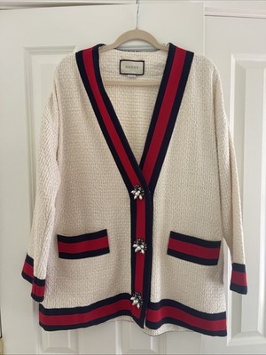 Authentic Gucci Beige Striped Cotton V-Neck Long Sleeve Woven Cardigan Jacket 46