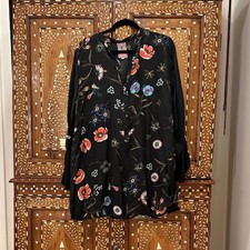Johnny Was Silk Black Blouse with Colorful Embroidery