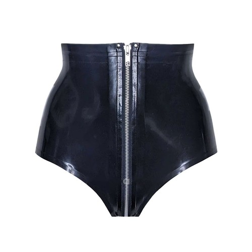 Damen Latex Slip mit Schritt bis Rücken Reißverschluss High Waist schwarz Gummi kurz - Bild 1 von 5