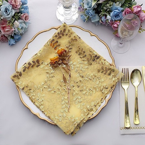 20" x 20" GOLD Sheer Tulle Table NAPKINS Embroidered Sequins Party Events - Picture 2 of 8