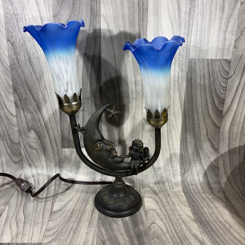 Fairy Angel Moon & Stars Bronze Table Lamp Art Deco Double Blue Lily Shades WORK