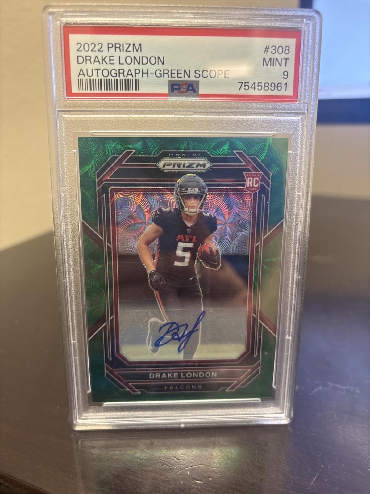 Drake London 2022 Panini Prizm Football Rookie Green Scope Auto #/75 PSA 9
