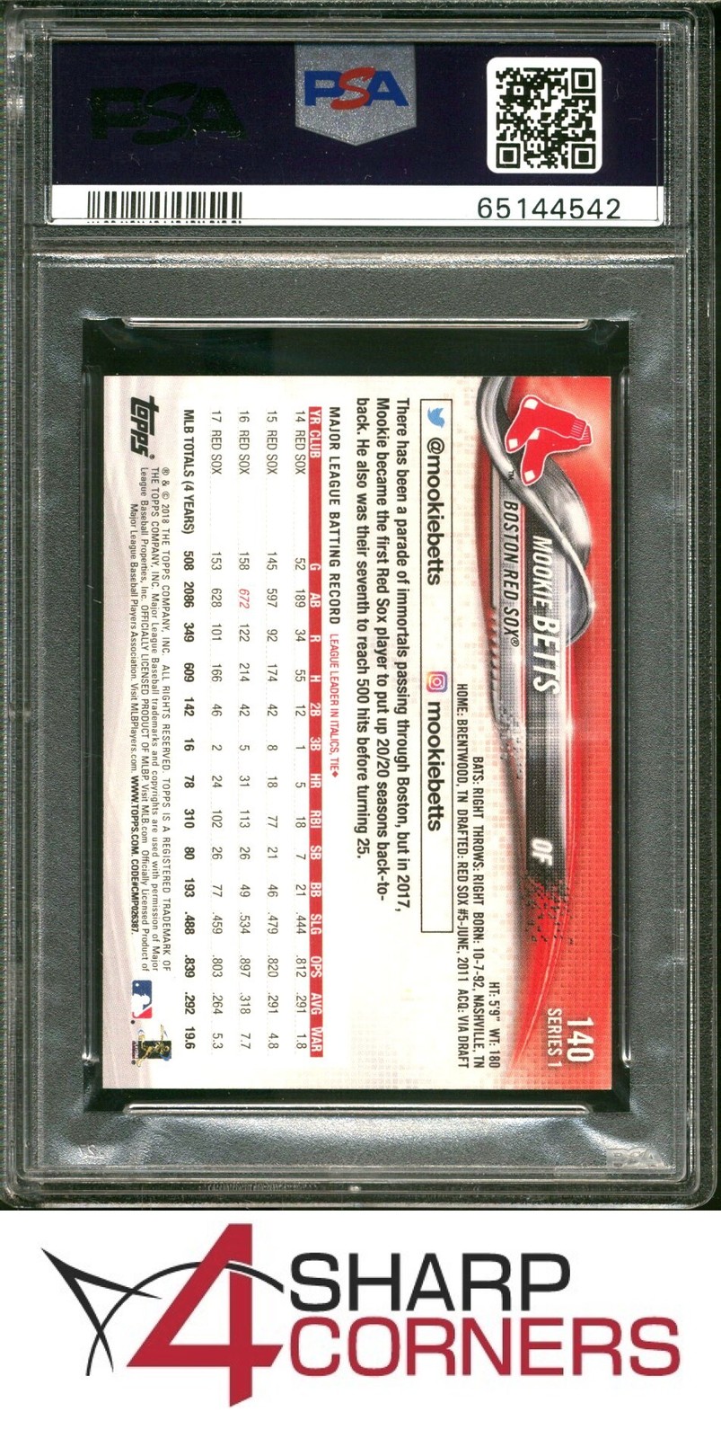 2018 TOPPS MINI PINK #140 MOOKIE BETTS RED SOX #/25 POP 1 PSA 9 view 2