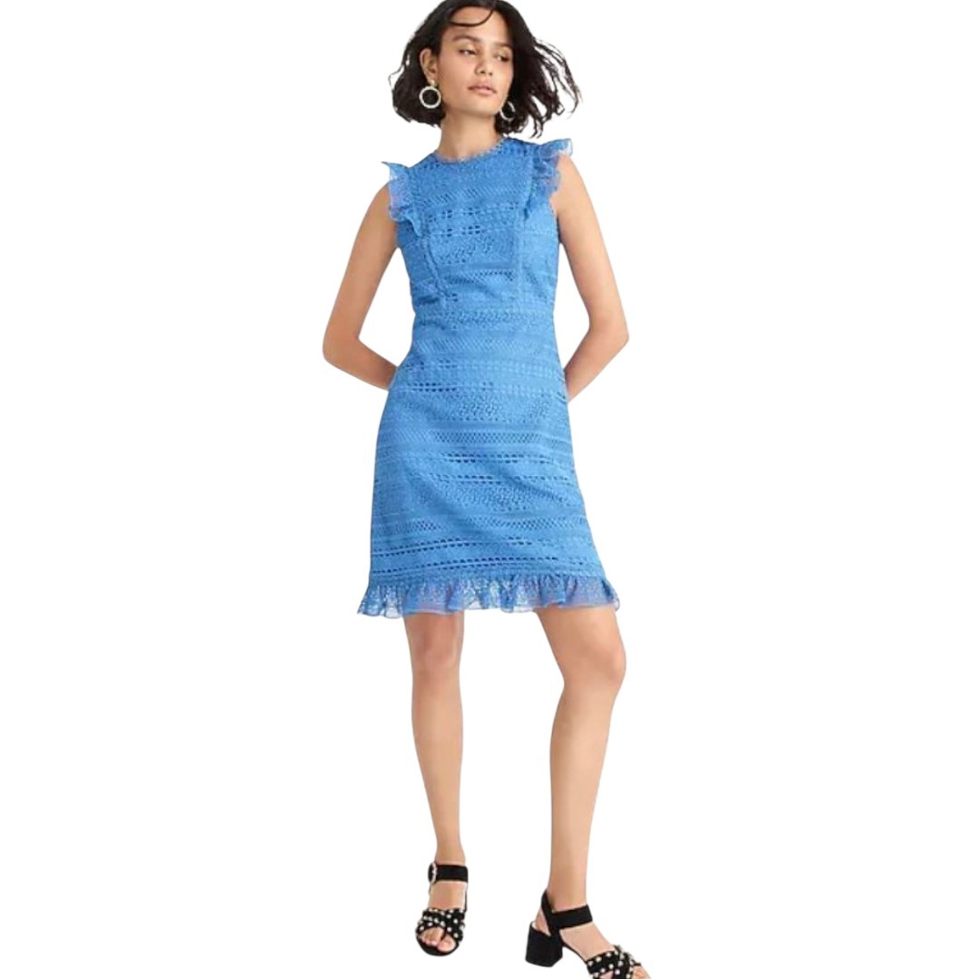 J.Crew Women's Dress Cap Sleeve Blue Eyelet Ruffle Sleeveless Size 10 NWT