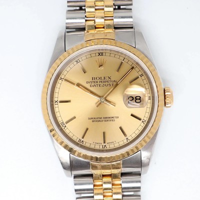 1990's Rolex 16233 Datejust 36mm 18k Gold Steel Champagne Sticks Watch