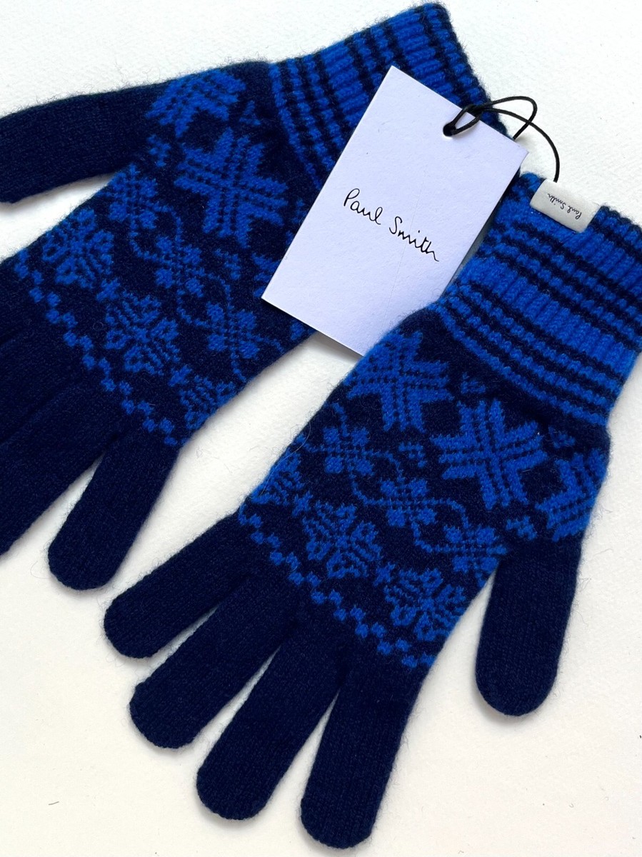 PAUL SMITH BLUE PATTERN 100% WOOL KNITTED GLOVES MADE IN SCOTLAND