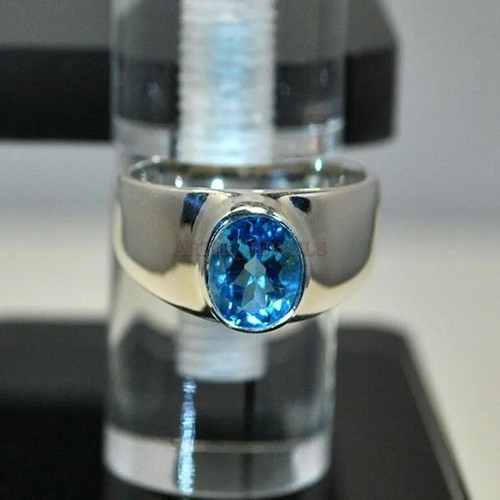 Natural Blue Topaz Gemstone With 14K White Gold Plated Silver Ring for Men's #54 - Picture 10 of 13