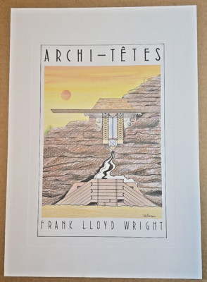 Unframed Lithograph ''Frank Lloyd Wright'' by Louis Hellman Archi-tetes Series WS9